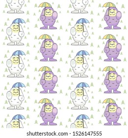 Little Monster Big foot holds umbrella. Seamless pattern Vector Illustration