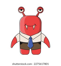 a little monster with its canine teeth that make the character look like a monster and a lazy expression
