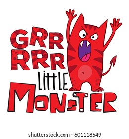 Little monster. Creative original design for kids, t shirt, wallpaper fashion clothes. Original calligraphic text. Funny slogan. Red Monster 