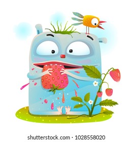 Little monster eating strawberry. Fun colorful imaginary animal for kids having lunch. Vector cartoon.