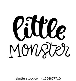 Little Monster Halloween Poster with Handwritten Ink Lettering, isolated on white. Modern Calligraphy. Typography Template for Stickers, Tags, Gift Cards. Vector illustration