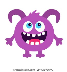 Little monster. Happy Halloween. Cartoon kawaii funny baby character. Cute violet monsters silhouette icon. Horns, eyes, smiling face, teeth, hands. Childish style. Flat design White background Vector