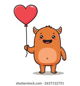 Little monster with a heart balloon, Funny cartoon creature