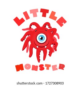 Little Monster. Illustrations of a smiling monster face in cartoon style with a phrase "Little Monster". Vector 8 EPS.