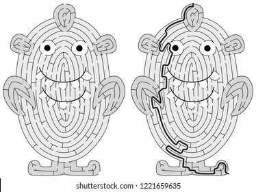 Little monster maze for kids with a solution in black and white