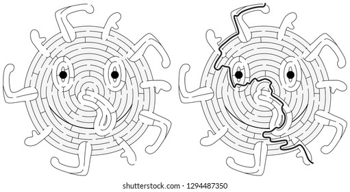 Little monster maze for kids with a solution in black and white