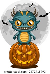 A little monster on top of a halloween pumpkin with a moonlit background