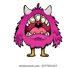 little monster with pink feathers and plush, cartoon style monster. vector illustration.