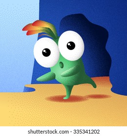 Little monster screaming and posing near the cave