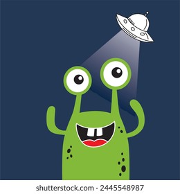 little monster with ufo , funny hand drawn doodle, cartoon alligator. Good for Poster or t-shirt textile graphic design. Vector hand drawn illustration.