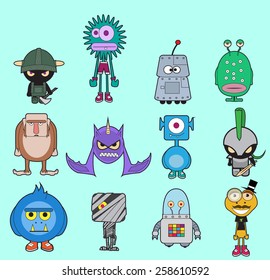 Little monsters pack vector/ Pack of colorful different monsters isolated on blue background, layered and fully editable EPS 10.