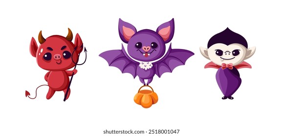 Little monsters playing trick or treat characters set