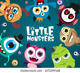 Little monsters vector characters background design. Cute little monster character with text in empty space for message in blue background. Vector Illustration.
