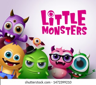 Little monsters vector characters background. Little monsters text with scary and funny monster creatures in white background. Vector illustration.