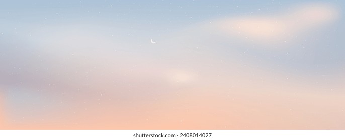 Little moon in the vanilla sky with clouds. The candy-colored sky looked warm and romantic. Gradient background. Vector illustration.