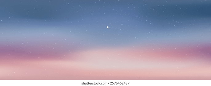 Little moon in the vanilla sky with clouds. The candy-colored sky looked warm and romantic. Gradient background. Vector illustration.