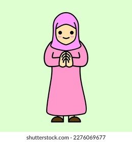 Little Moslem Girl Say Happy Ramadhan Mubarrak Vector Illustration