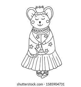 Little mouse ballerina in crown. Isolated vector object on white background. Beautuful drawing with small details. Coloring page. One of a series of coloring pictures