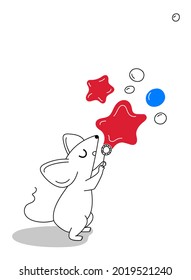 Little Mouse blows soap bubbles, greeting card for your design, vector illustration 10eps