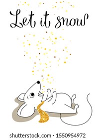Little mouse catches snowflakes by mouth, greeting card for your design, vector illustration 10eps