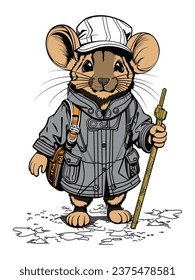 Little mouse character having an adventure on a white background