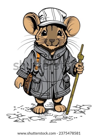 Little mouse character having an adventure on a white background