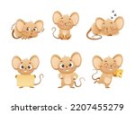 Little Mouse Character with Long Tail and Big Ears Engaged in Different Activity Vector Set