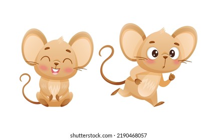 Little Mouse Character with Long Tail and Big Ears Laughing and Running Vector Set