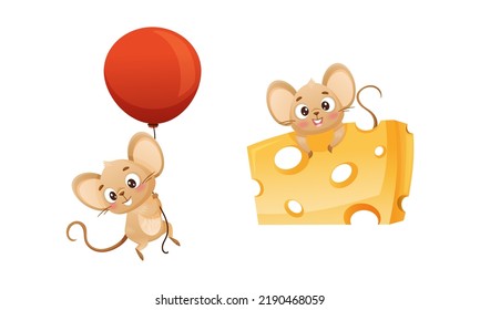 Little Mouse Character with Long Tail and Big Ears Flying Red Balloon and Sitting on Cheese with Holes Vector Set