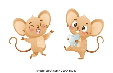 Little Mouse Character with Long Tail and Big Ears Carrying Tooth and Jumping with Joy Vector Set