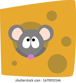 Little mouse with cheese, illustration, vector on white background.