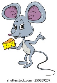 Little Mouse with Cheese Piece - Domestic Animal - Cartoon Illustration Clip Art 