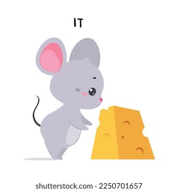 Little Mouse with Cheese Slab as It English Subject Pronoun for Educational Activity Vector Illustration