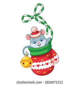 Little Mouse in Christmas Mitten. Cartoon vector illustration