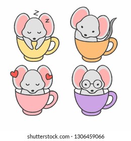 Little mouse in a cup of tea hand drawn cartoon collection