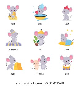 Little Mouse Demonstrating English Verbs for Educational Activity Vector Set