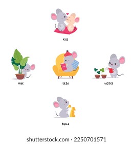 Little Mouse Demonstrating English Verbs for Educational Activity Vector Set