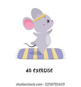 Little Mouse Doing Exercise on Mat Demonstrating English Verb for Educational Activity Vector Illustration