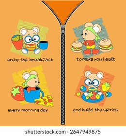 little mouse eating fast food with friends
, Animal Cartoon, Flat Vector Illustration