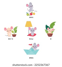 Little Mouse and English Language Preposition for Educational Activity Vector Set