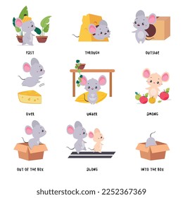 Little Mouse and English Language Preposition for Educational Activity Vector Set