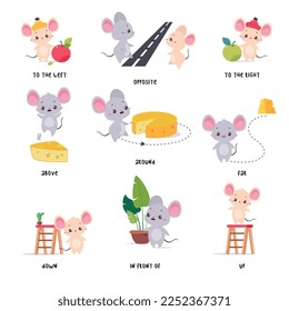 Little Mouse and English Language Preposition for Educational Activity Vector Set