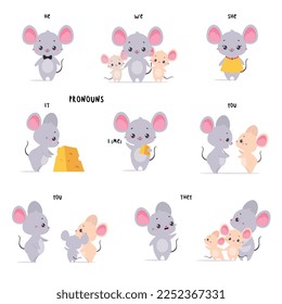 Little Mouse and English Subject Pronoun for Educational Activity Vector Set