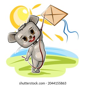 A little Mouse flying a kite. Favorite childhood game. Cartoon style Young animal. Vector isolated on white background. A cute baby.
