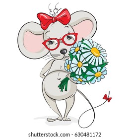 A little mouse with glasses with a big bouquet of flowers