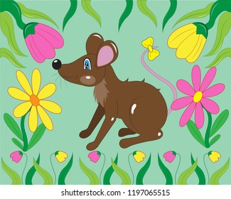 Little mouse in a grass with flowers