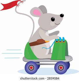 Little Mouse having a ride on a rollerskate