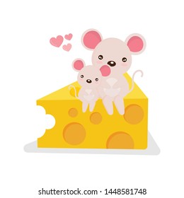  Little mouse and her mom  siting on a piece of cheese.