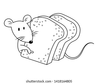 A little mouse hiding behind bread vector illustration cartoon. Cute mouse cartoon colorless for coloring page. 