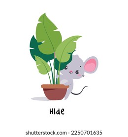 Little Mouse Hiding Behind Houseplant Demonstrating English Verb for Educational Activity Vector Illustration